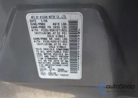 2006 Nissan Murano Sl z USA, uszkodzony, nr VIN JN8AZ08T06W411045